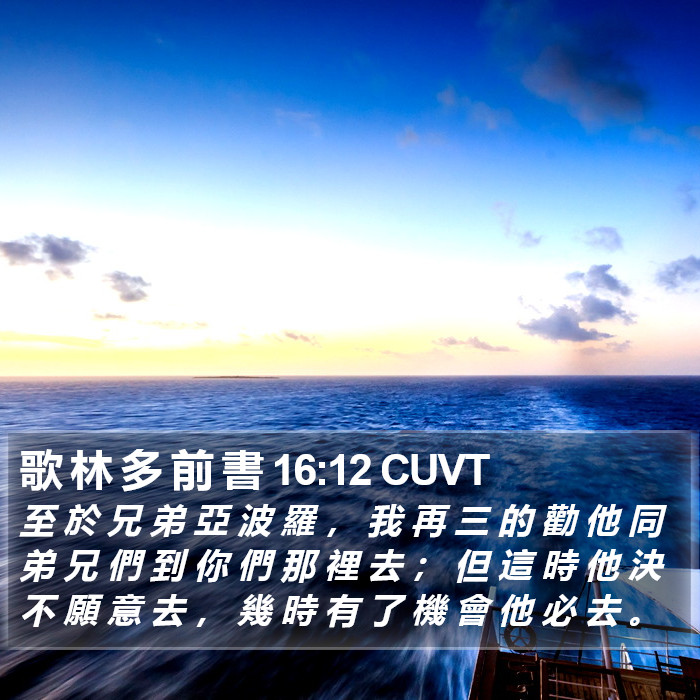 歌 林 多 前 書 16:12 CUVT Bible Study